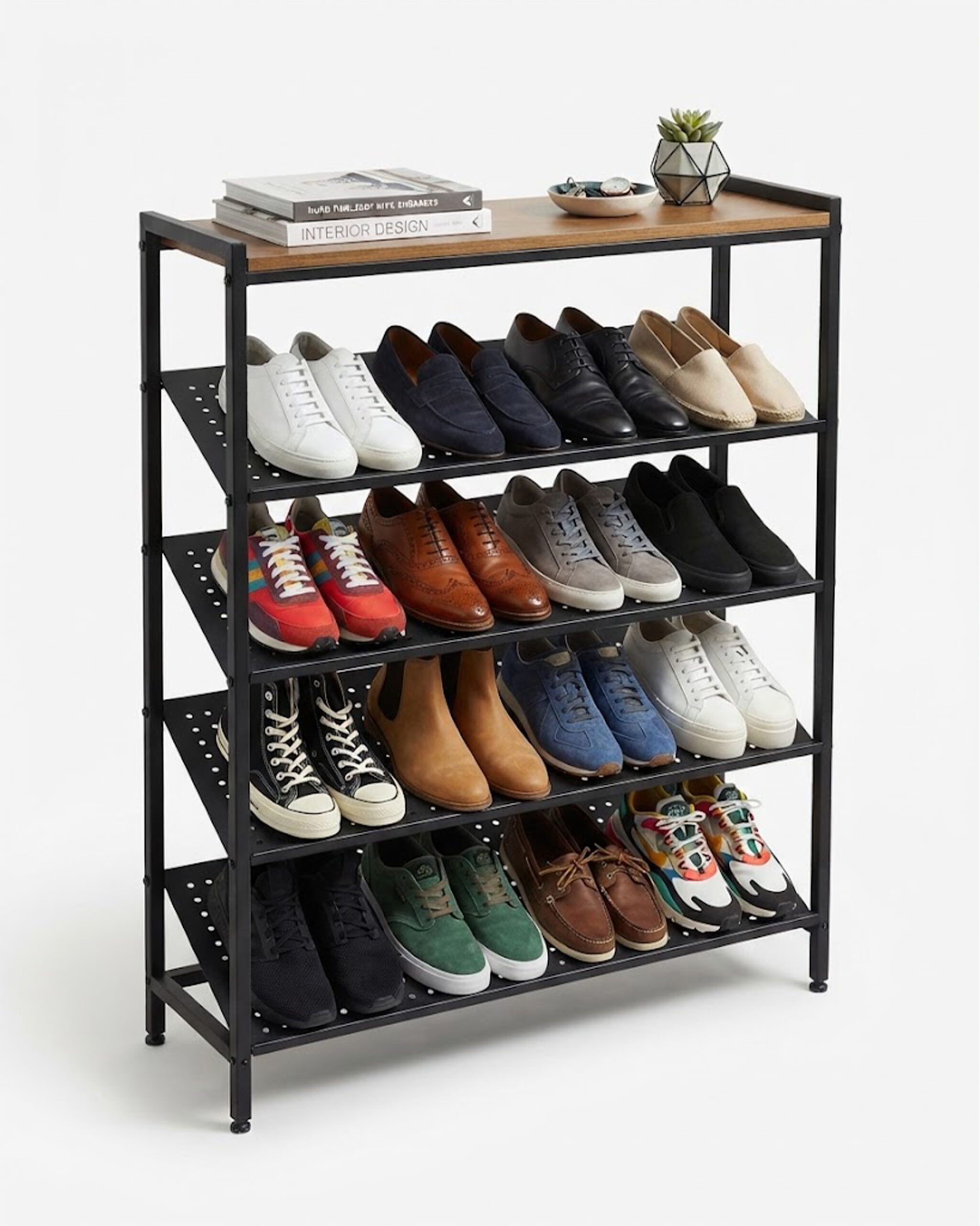 1 4-Tier Metal Shoe Rack Organizer with Wood Top & Adjustable Feet - Image 1